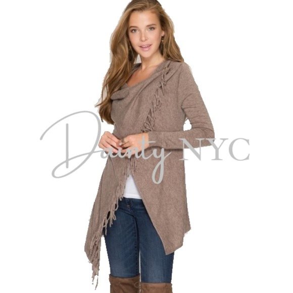 Mocha Long Sleeve Wrap Shawl Fringe Trim Cardigan Sweater - Picture 3 of 5